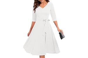 Bbonlinedress Abiti Rockabilly Donna Manica a 3/4 Scollo a V Manica Lunga Midi Abiti da Festa per Matrimonio Abito da Cocktail Vintage con Tasche