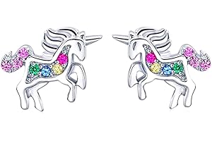 baobei Boucles d'oreilles licorne en argent sterling plaqué or rose avec oxyde de zirconium multicolore - Cadeau pour femmes et filles - Avec boîte à bijoux