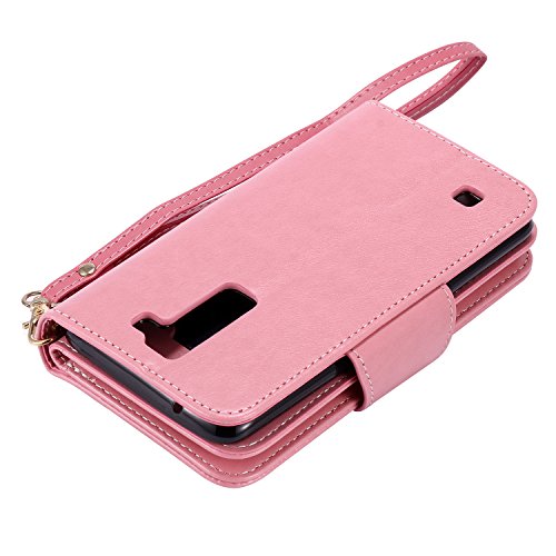 Cozy Hut® Schutzhülle / Cover / Handyhülle / Etui für LG K7 5.0 Zoll Hülle, 3D Gemalte Entlastung Muster Design Folio PU Leder Schutzhülle Bookstyle mit 9 Kartenfächer PU Leder Hülle Wallet Case Folio Handyhülle Flip Cover Schale Tasche Brieftasche Bumper mit Kartenfächer und Magnetverschluss Handyhülle Case Flip Cover mit Frau und Katze Motiv für LG K7 – rosa - 7