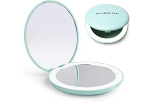 WOBSION Compact Mirror with Light, 1x/10x Magnifying Travel Makeup Mirror, LED Pocket Mirrors for Purse and Handbag, Handheld 2-Sided Small Folding Mirrors, Round, Cyan