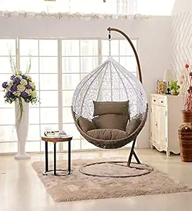 Humming B Single Seater |Swing Chair with Stand & Cushion & Hook Outdoor Indoor| Outdoor| Living Room | Balcony | Garden | Patio | Home Improvement(Stand-Brown, Basket-White/Brown, Cushion-Brown)
