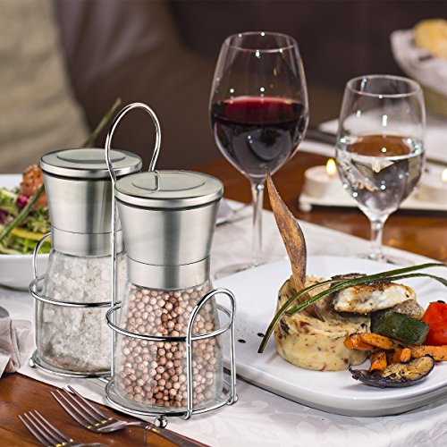 TopElek Salz und Pfeffermühle mit Ständer, Manuelles Edelstahl Salz & Pfeffermühlen mit verstellbarer Grobkörnigkeit und festen Glaskörper - 7