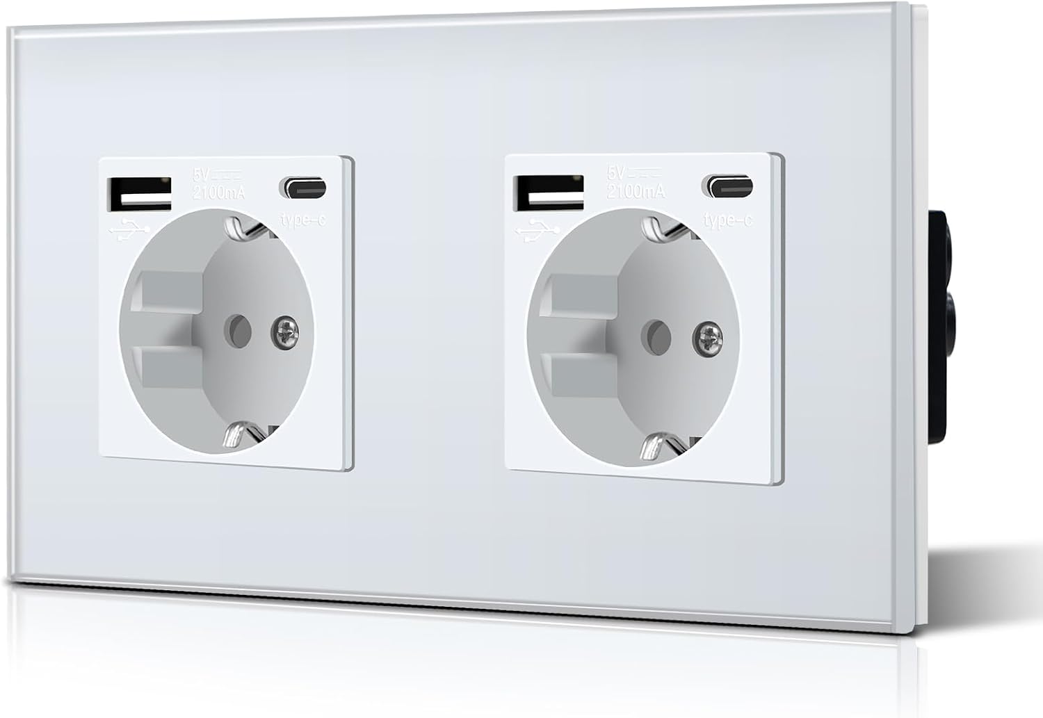 BSEED Enchufe de Pared con USB C,Enchufes Dobles Empotrados con Cristal,Toma de Corriente,Seguridad infantil,Fácil de Instalar,M Serie,2 Enchufes con USB y Tipo C,157mm Blanco