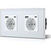BSEED Schuko Double Socket with USB C, Wall Plugs with Glass, Single Plug 16A 250V, Power Socket for Kitchen, Bedroom, Office