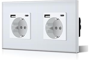 BSEED Enchufe de Pared con USB C,Enchufes Dobles Empotrados con Cristal,Toma de Corriente,Seguridad infantil,Fácil de Instalar,M Serie,2 Enchufes con USB y Tipo C,157mm Blanco