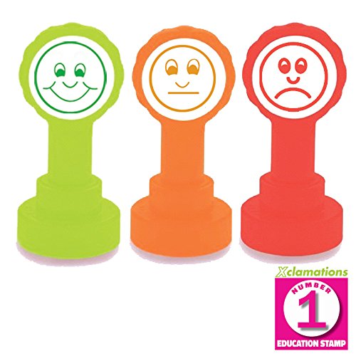 3 Visages - Tampons auto-encreurs pour enseignants - En Couleurs des Feux de Circulation (Rouge, Vert, Orange) - Visage Triste, Souriant, et Pas Souriant