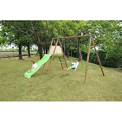 Soulet balancoire / portique en bois soulet fargo avec toboggan et 3 agres l. 3,40 m p. 3,45 m h. 2,35 m