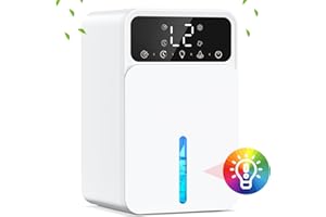 HONMICON Deshumidificador eléctrico de 1500 ml, con 2 niveles y modo de suspensión, apagado automático, ultra silencioso, portátil, luz LED de 7 colores, para baño, dormitorio y armario, blanco