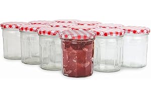 MAGNA RETAIL Jam Jars Wide Mouth Glass 324ml | Set of 12 Preserve Pots with Lids | Airtight Screw Top Red Gingham Lid | Homemade Jam, Marmalade & Chutney | Glass Pots Wedding Favours