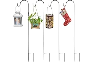Jermily Adjustable Height Shepherd Crook Hooks,Set of 4 Festoon Pole with Base,3 Threaded Fittings Black Metal Garden Border Hook for String Lights,Flower Ball,Plant Baskets -76 cm/29.64 in