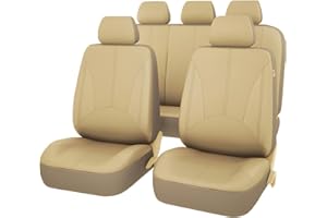 JNNJ 9 Piezas Fundas Asientos Coche, Sets Fundas Asiento Cuero Delanteros Traseros, Fundas Cuero Polvo Transpirables Juego Completo Protector Asiento, Cómodo Cubreasientos Accesorios(Beige)