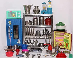 Tirtha Enterprises 48 Pcs Mini Stainless Steel Utensils Indian Kitchen Set Great Kitchen Toys for Girls Indoor Game Gift/Return Gift with Iron cupbourd Cum pigybank NAD Plastic Freeze,ovrn,Mixer