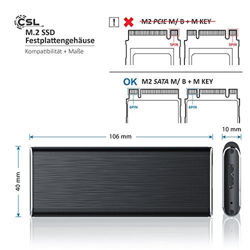 CSL – SSD Festplattengehäuse für M.2 Festplatten | USB 3.0 Case auf M.2 Adapter (NGFF) | 1x M.2 Key B | m.2-Schnittstellen-Standard (NGFF) | Module: 2280, 2260, 2242 und 2230 | UASP Unterstützung | schwarz (Alu gebürstet) - 4