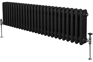 Traditionell 3-kolumns Radiator 300 mm x 1192 mm Modern Centralvärmare Svart Kolstål Horisontell Väggmonterad Kök Vardagsrum Badrum Rengöringsborste Monteringskit och Fästen