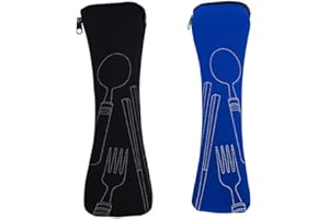 REQAG 2 Piezas Bolsa Para Cubiertos, Portátil, con Cremallera, de Neopreno, Para Camping, Picnic, Escuela, Almuerzo de Cubiertos para Llevar, Porta Cubiertos Portátil, Bolsa Cubiertos Vacía (azul negro)