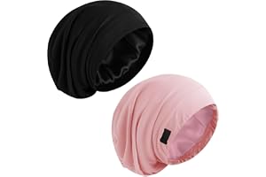 2 PCS Silk Bonnet for Sleeping, Satin Bonnet for Curly Hair, Sleep Cap for Night Protection, Bonnets Silk for Frizz Control, Two Piece Set in Pink and Black
