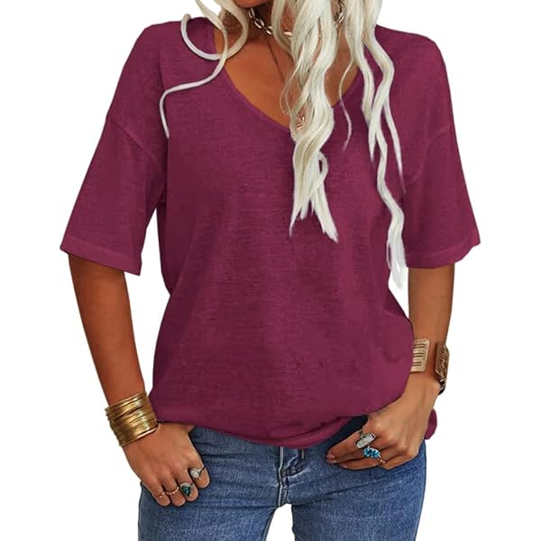 T-shirt da donna a maniche corte arrotolate con scollo a V, casual, estive, con taschino, per donne estive, Blu, L