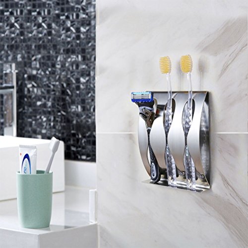flintronic Wand Befestigter Edelstahl Zahnbürstenhalter Durable Rasiermesser-Halter Wasserdicht mit Self Adhesive Badezimmer (3 Löcher) - 5