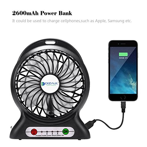 Tischventilator,dizauL USB mini Fan multifunktions tragbaren mobilen 3-Gang Schreibtisch/ Tisch Fan+power bank+LED Taschenlampe-schwarz - 2