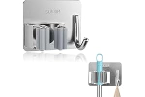 BIRWUMI 4 Pezzi Portascope da Muro Adesivo Appendibile, Porta Scope Parete in Acciaio Inossidabile Senza Perforazione per Garage, Cucina, Giardino e Ufficio, Con gancio（Argento）