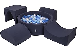 KiddyMoon Aire De Jeux en Mousse avec Rond Piscine À Balles (300 Balles) pour Enfants, Bleu Foncé:Babyblue/Bleu/Perle