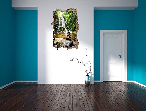 Zen Steine vor Wasserfall Wanddurchbruch im 3D-Look, Wand- oder Türaufkleber Format: 92x62cm, Wandsticker, Wandtattoo, Wanddekoration - 4