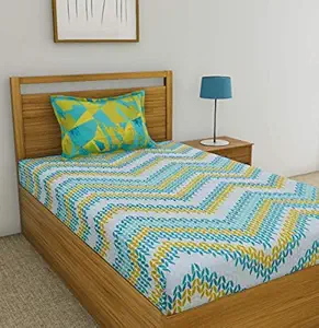 Huesland by Ahmedabad Cotton 144 TC Cotton Abstract Printed Single Bedsheet with Pillow Cover - Blue, Green