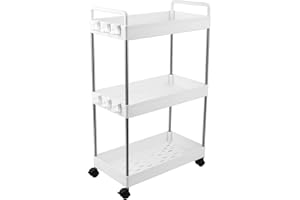 APUUCSE 3-Tier Storage Trolley Slide Out Rolling Utility Shelf Rack Storage Cart on Wheels Multi-purpose Shelving Unit Organizer for Kitchen/ Bathroom/ Laundry Room/ Office,Plastic & Stainless Steel(White)