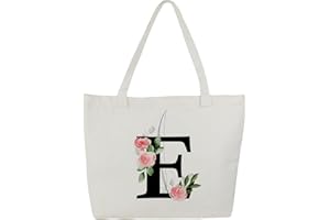 Blisswave Tote Bag Personalizada, Bolsas de Tela Personalizadas de la A a La Z con Nombre, 100% Lona de Algodón, Bellamente Impresa, Forrada, Regalo Personalizado para Mujer