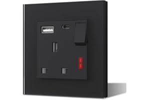 BSEED Single Plug Socket with USB C and USB A,Glass Switched Socket,UK Standard Electric Power Sockets,13A Wall Socket,Save Space,1 Gang,86mm Black