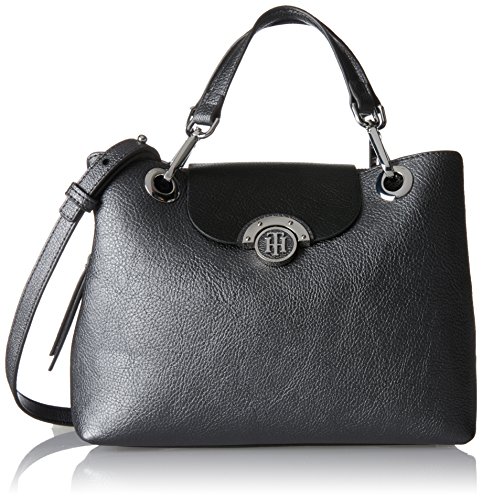 Tommy Hilfiger Womens Effortless Novelty Med Satchel Canvas and Beach Tote Bag Multicolour (Pewter/Black)