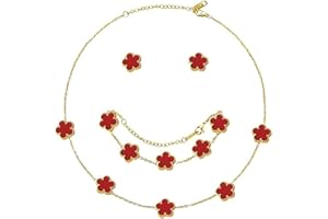 XIWCAFC Parure Ensemble de Bijoux Femme Trèfle à Quatre Collier Boucles d'oreilles Bracelet 18K Plaqué Or Acier Inoxydable Bijoux Ensemble,Cadeaux de Bijoux pour Mère Fille