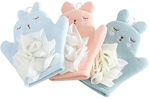 Eyands Lot de 3 gants de toilette en forme de lapin avec petite éponge – Motifs d'animaux mignons pour enfants, gants de bain pour nettoyer la peau (bleu, rose, vert)