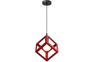 iDEGU Lampadario a sospensione moderno a Forma di Cubo Stile Geometrico E27 Lampada da Soffitto Vintage in Metallo per camera da letto, soggiorno, ristorante - 16cm, Rosso