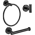 YUET Bathroom Hardware Accessories Set - SUS 304 Stainless Steel Brushed Wall Mounted Rack, Towel Ring Bar + Toilet Paper Roll Holder + Robe Hook, Bath Accessory Hooks (Black)