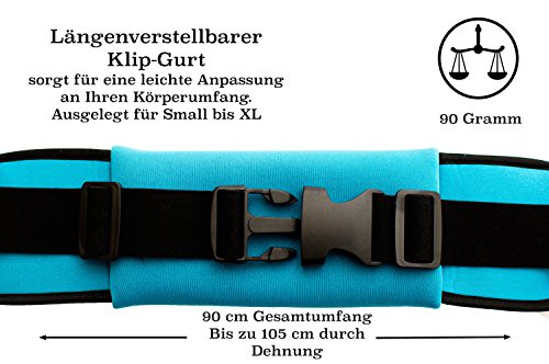 Laufgürtel Esportista (wasserabweisend & verstellbar) für Handy, Smartphone (6 Zoll), Schlüssel, Geld – Hüfttasche mit Reißverschluss, Kopfhörerausgang und Flaschenhalter (Trinkgurt) – Farbe blau - 4