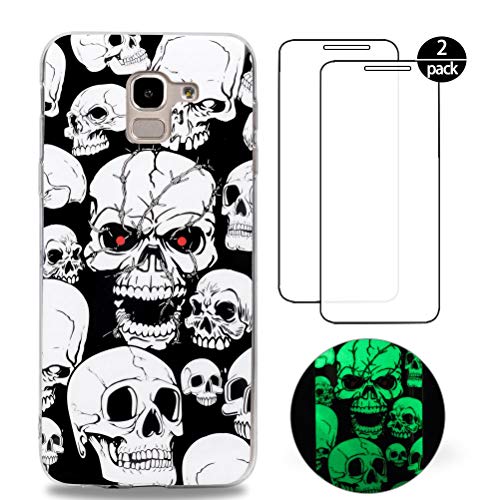 Xiao XiMi Funda Samsung Galaxy J6 2018 + [2 Pack] Protector Pantalla, Carcasa Luminoso de Silicona Ultra Fino Funda Ligero Anti-Rasguño Anti-Golpes para Samsung J6 2018 - Cráneo de Miedo
