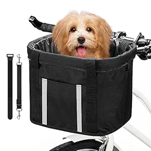 ANZOME Dogs Carrier Bike Basket, Handlebar Basket Folding Front Removable wiht Adjust Dog Seatbelts Bicycle Baset Quick Release Easy Install Detachable Cycling Bag Mountain Picnic Shopping