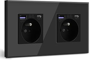 BSEED Gniazdo ścienne z USB C PD20W Zasilania 16 A 20W ze Szklanym Panelem, Listwa Zasilająca ścienna Odpowiednia do Smartfonów, Tabletów (2 Gniazdo z USB C PD20W, Czarny)