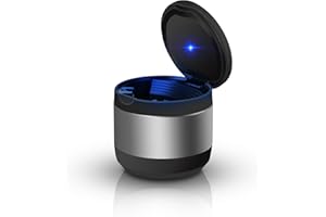 LINKSTYLE Cenicero para coche con tapa, Cenicero portátil sin humo de acero inoxidable para exteriores, luz LED azul Cenicero para cigarrillos automático para portavasos Oficina en casa, Negro plata