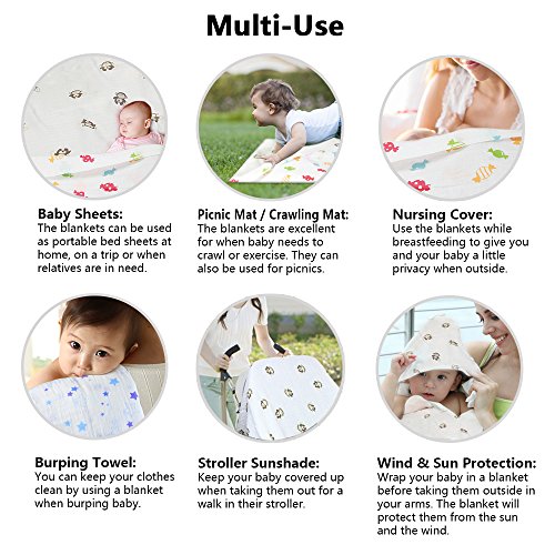 InnooBaby Pucktücher aus Musselin 4er-Pack Weiche und kuschelige Puckdecken für Schreibabys | 120 x 120 cm große Babydecken | 100% Baumwolle | Unisex Musselin und farbenfrohe Drucke - 4