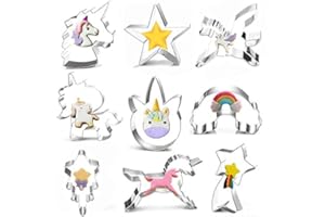 AOLIGEI MEIXI Juego de 9 Cortadores de Galletas de Unicornio de Acero Inoxidable de Grado Alimenticio, Cortadores de Galletas de Unicornio, Estrellas para Fiestas Temáticas de Unicornio para Niños