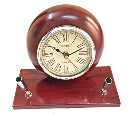 Artshai Cherry colour wooden table clock with pen stand for home office corporate gifting