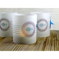 Set 8 x personalisierte Lichthülle für Tischlicht grau blau zur Kommunion, Konfirmation, Taufe, Firmung, mit Fisch