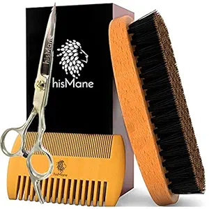 hisMane 100% Natural Bristle Beard Brush, Neem Comb and Scissors Set