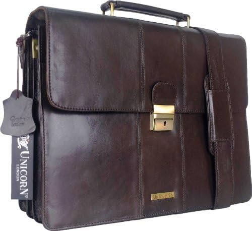 Unicorn LondonUNICORN Brown Real Leather Bag Business Executive Briefcase Keylock Messenger #3N