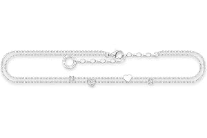 Thomas Sabo Damen Fußkette mit Herzen und weißen Steinen Silber, 925er Sterlingsilber, mit Zirkonia-Steinen, Länge: 22-27 cm