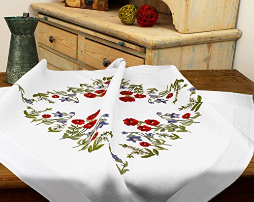 Bezaubernde Stickpackung " HERRLICHE MOHNBLUMEN - WIESE " - Stickdecke 80 cm x 80 cm - Stielstich Plattstich Nadelmalerei vorgezeichnet - Tischdecke und Stickgarn aus 100 % Baumwolle - qualitativ hochwertig - zum Sofort-Loslegen - Mitteldecke 80 x 80 - zum Selbersticken - aus dem KAMACA-SHOP