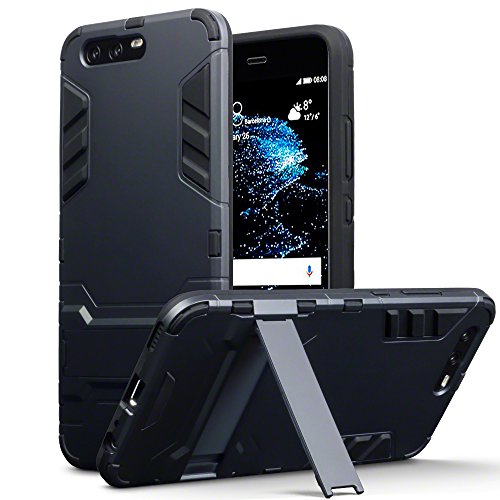 Huawei P10 Carcasa H  brida de Silicona   Polycarbonato Doble Resistencia  y soporte para mesa - Negro oscuro