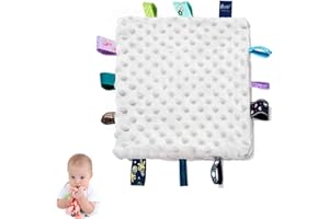 HECCEI Baby Security Blanket with Colorful Satin Tags, 10 x 10 inches Square Appease Blankets, Plush Sensory Blanket - Soothing Blanket for Babies Girls/Boys(Grey)